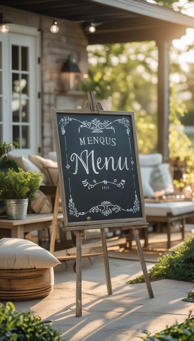 Outdoor patio with a rustic wooden easel holding a decorative chalkboard sign surrounded by wooden furniture, cushions, plants, and string lights.