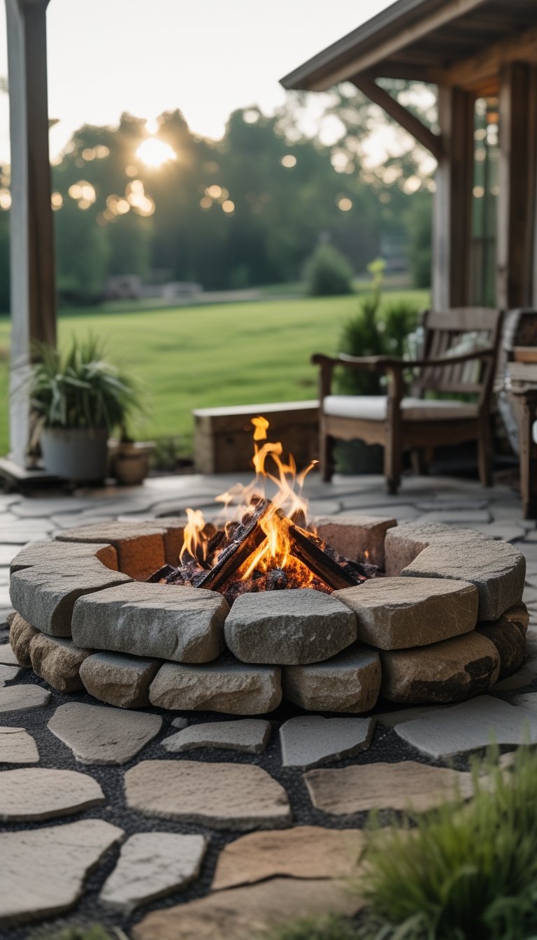 A circular flagstone fire pit with glowing embers surrounded by rustic outdoor patio furniture and greenery.