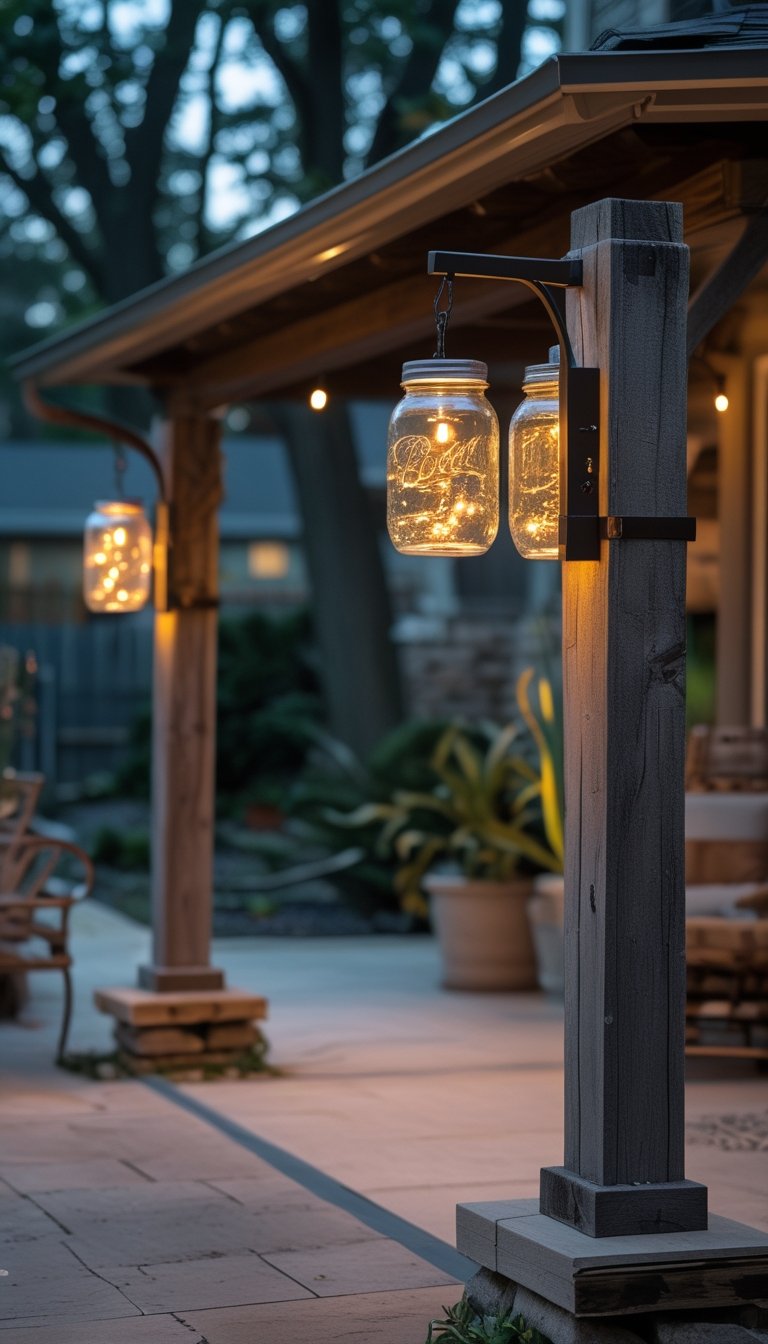 Outdoor patio with glowing mason jar lights mounted on wooden posts surrounded by plants and wooden furniture.