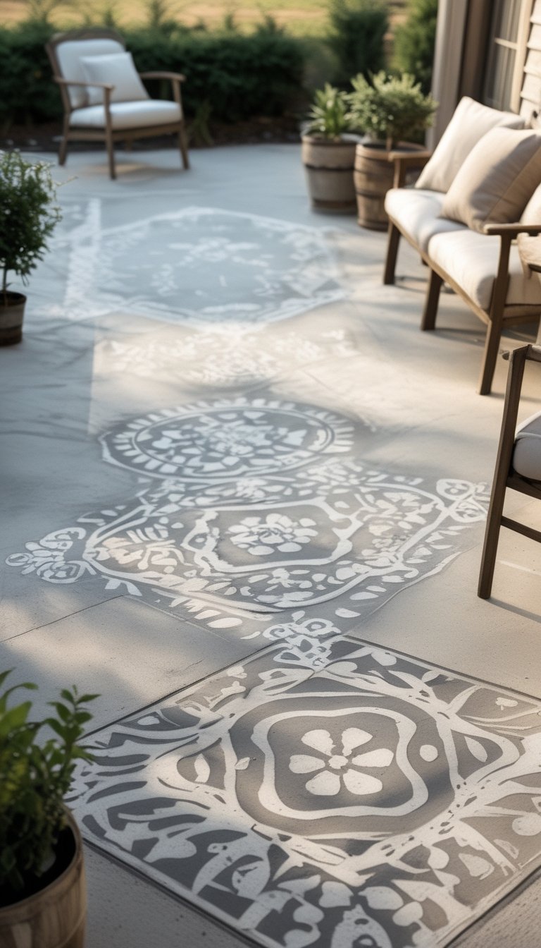 Outdoor patio with a stenciled concrete floor, wooden furniture, and potted plants surrounded by greenery.