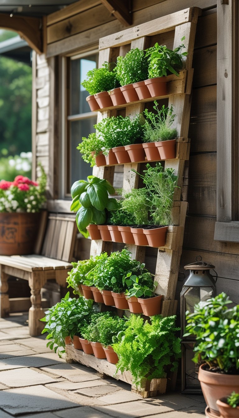 A vertical herb garden made from a wooden pallet filled with green herbs on an outdoor farmhouse patio.