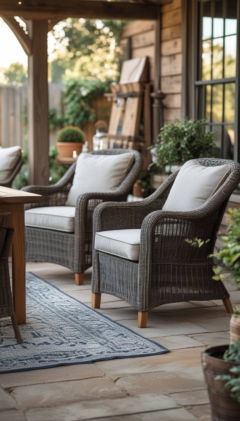 Outdoor patio with wicker chairs covered in protective slipcovers around a wooden table surrounded by plants.
