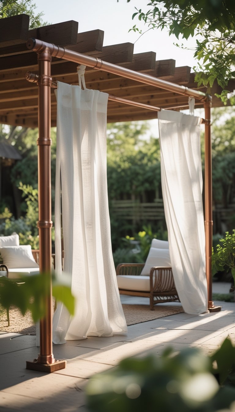 Outdoor patio with white curtains hanging from copper pipe rods and wooden beams, surrounded by greenery.