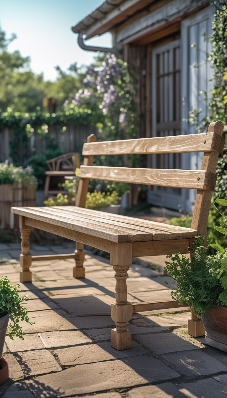 A wooden bench with turned legs on a patio surrounded by plants and natural outdoor elements.