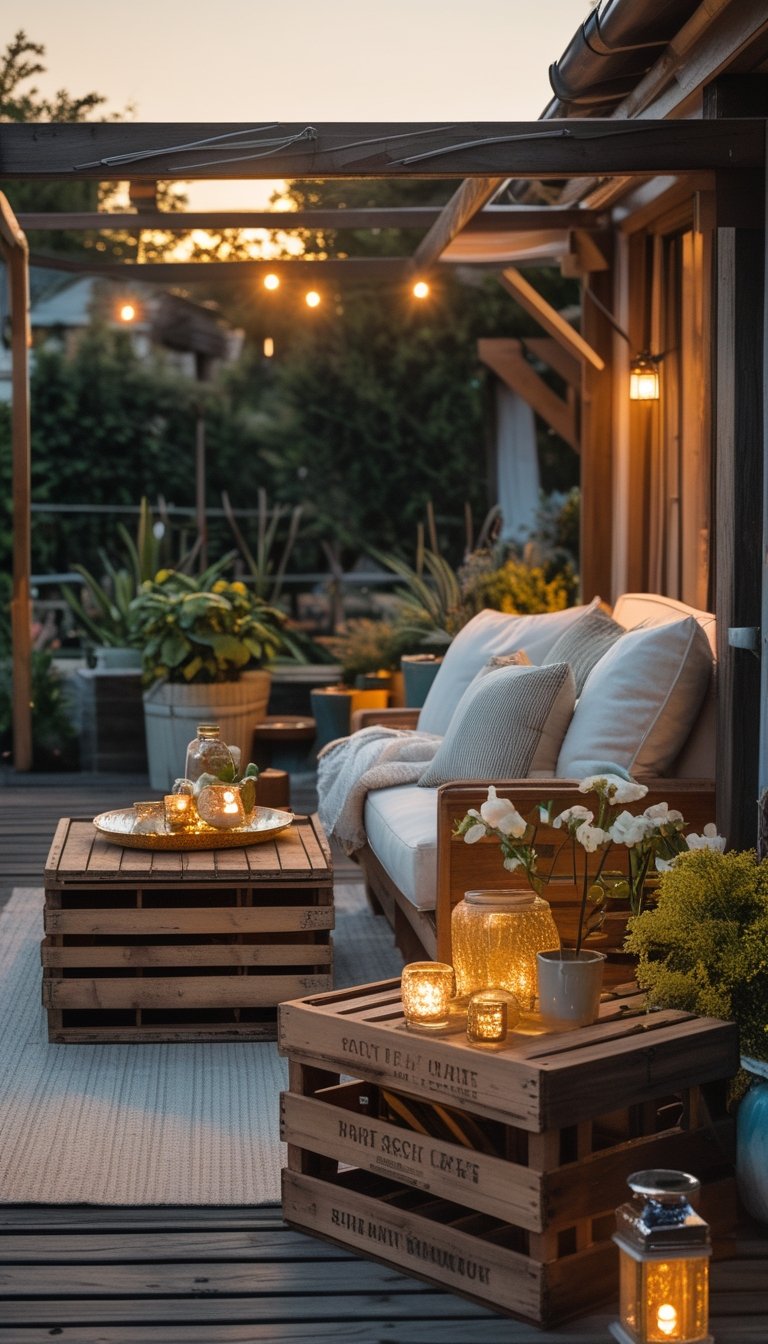 Outdoor patio with wooden crate side tables, seating with cushions, plants, and warm lighting.