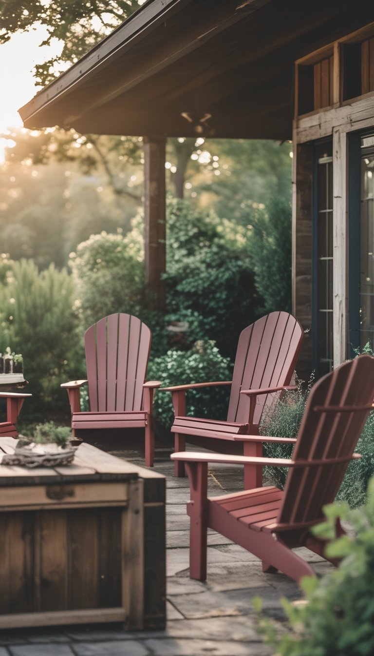 Several muted barn red Adirondack chairs arranged around a rustic wooden table on an outdoor patio surrounded by greenery.