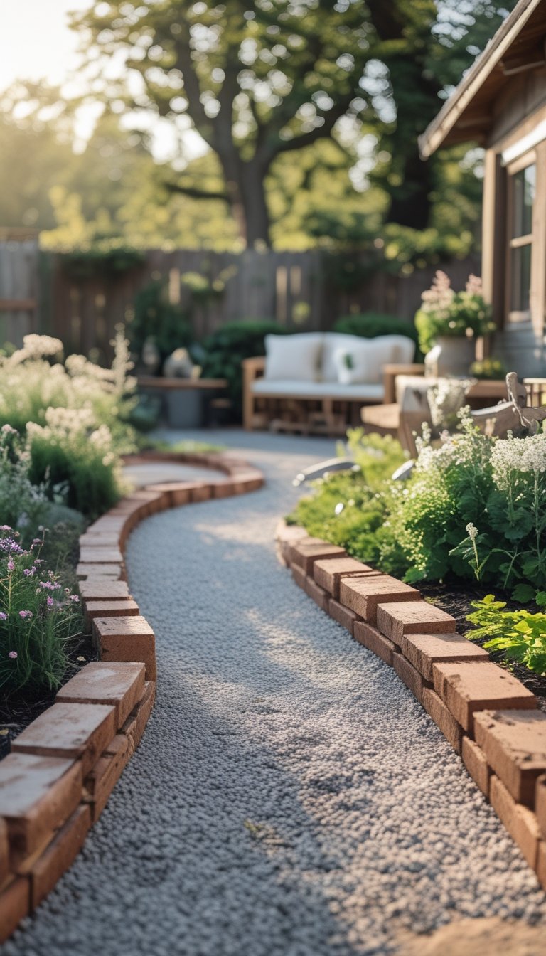 A gravel pathway bordered with reclaimed bricks winding through a garden with plants and wooden benches.
