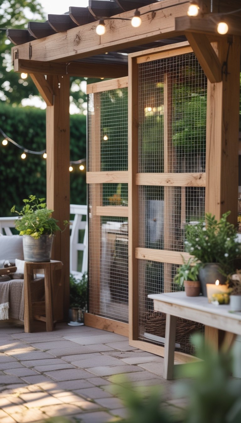 Outdoor patio with a wood-and-wire privacy screen surrounded by wooden furniture and plants.