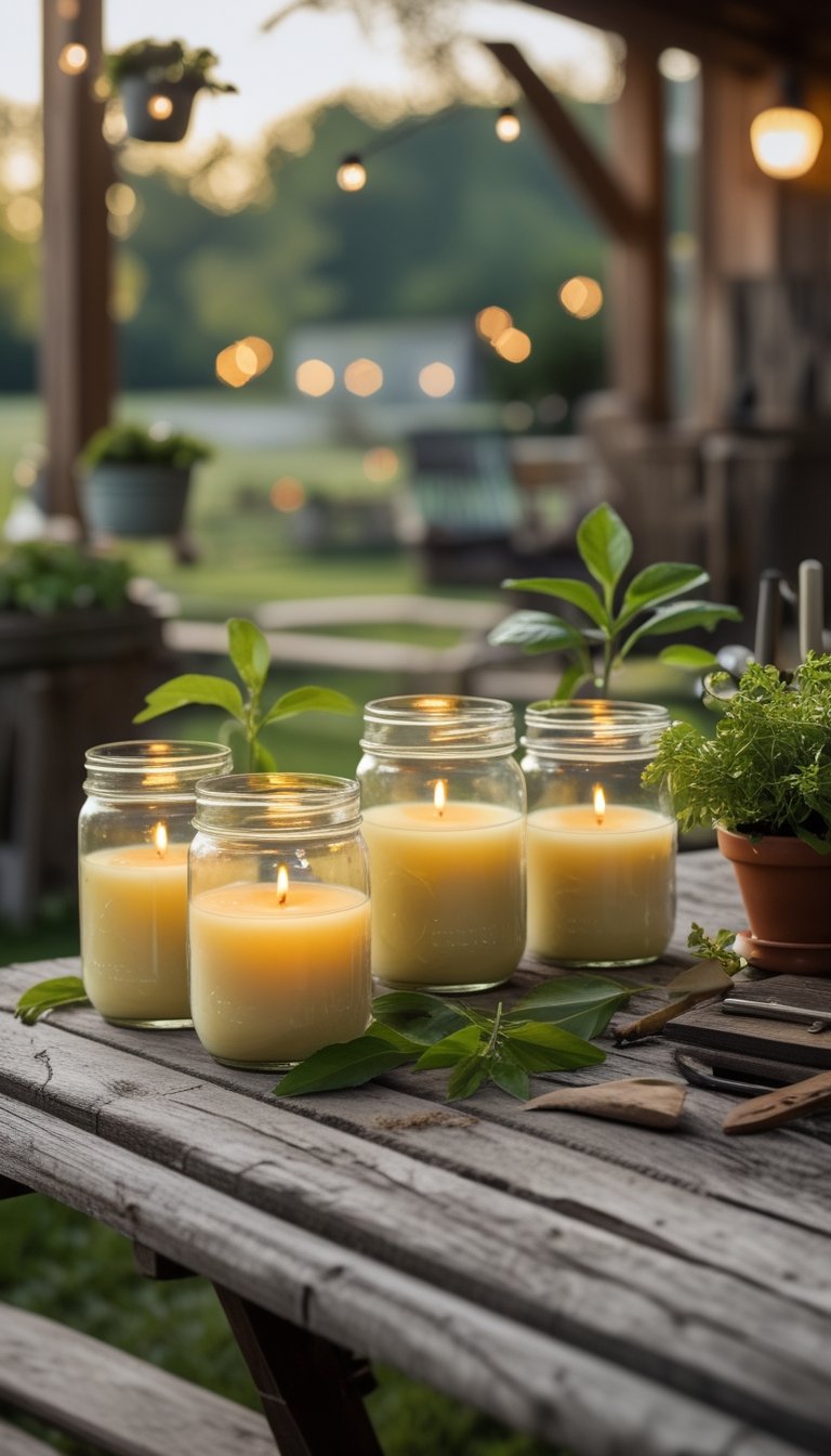 Mason jars with lit citronella candles on a wooden outdoor patio table surrounded by plants and gardening items.