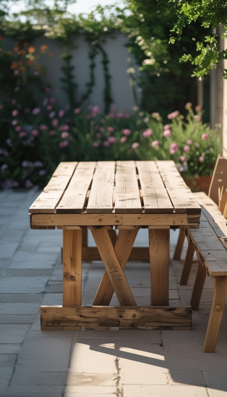 An outdoor wooden pallet dining table with X-brace ends set on a patio surrounded by greenery.